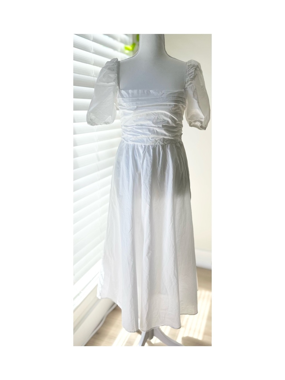 White Puff-Sleeve Midi Dress